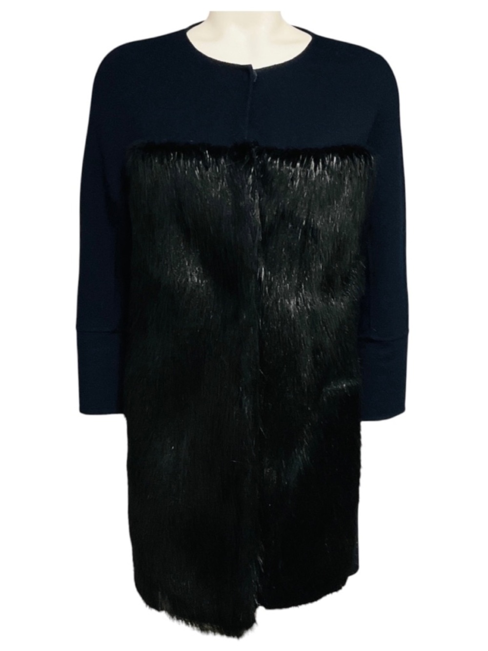 POLOGEORGIS NAVY BLUE WOOL AND CASHMERE COAT WITH BLACK BEAVER FUR